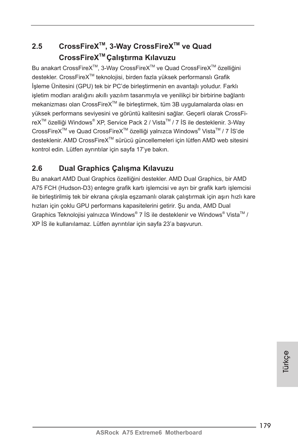 5 crossfirex, Way crossfirex, Ve quad crossfirex | Çalıştırma kılavuzu, 6 dual graphics çalışma kılavuzu, Türkçe | ASRock A75 Extreme6 User Manual | Page 179 / 286