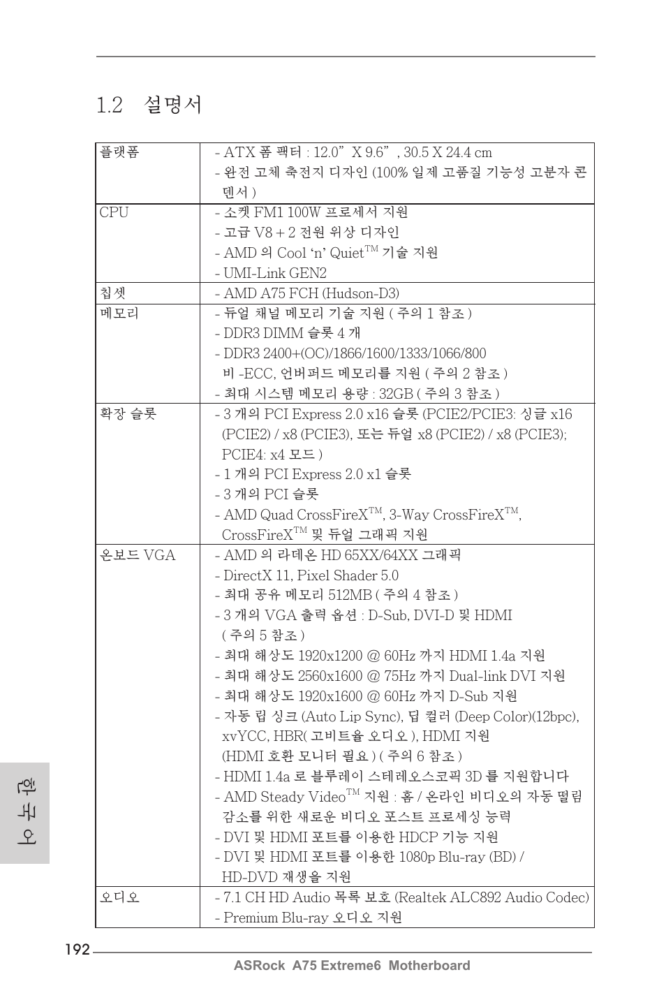 한 국 어 1.2 설명서 | ASRock A75 Extreme6 User Manual | Page 192 / 286