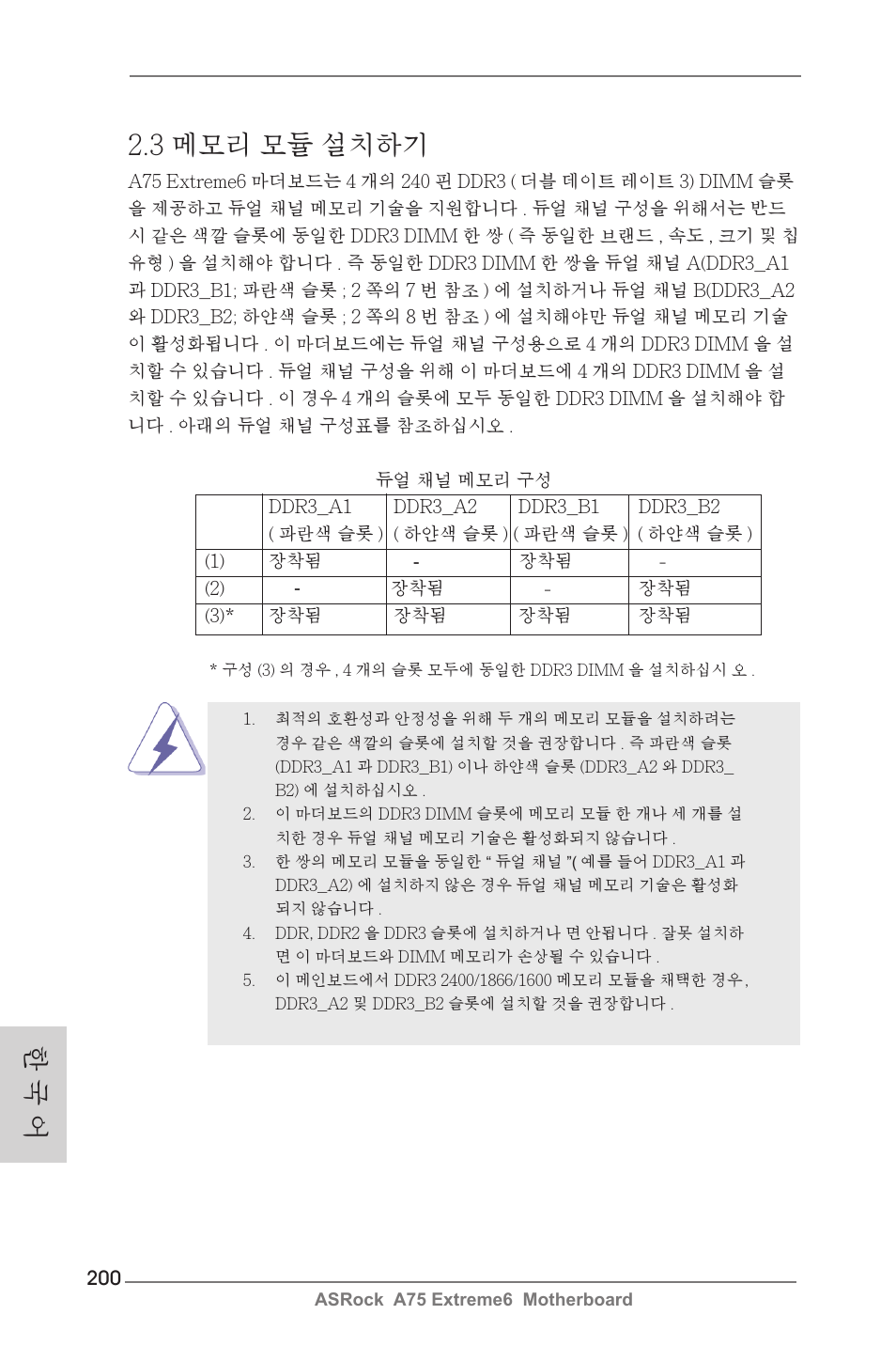 3 메모리 모듈 설치하기, 한 국 어 | ASRock A75 Extreme6 User Manual | Page 200 / 286