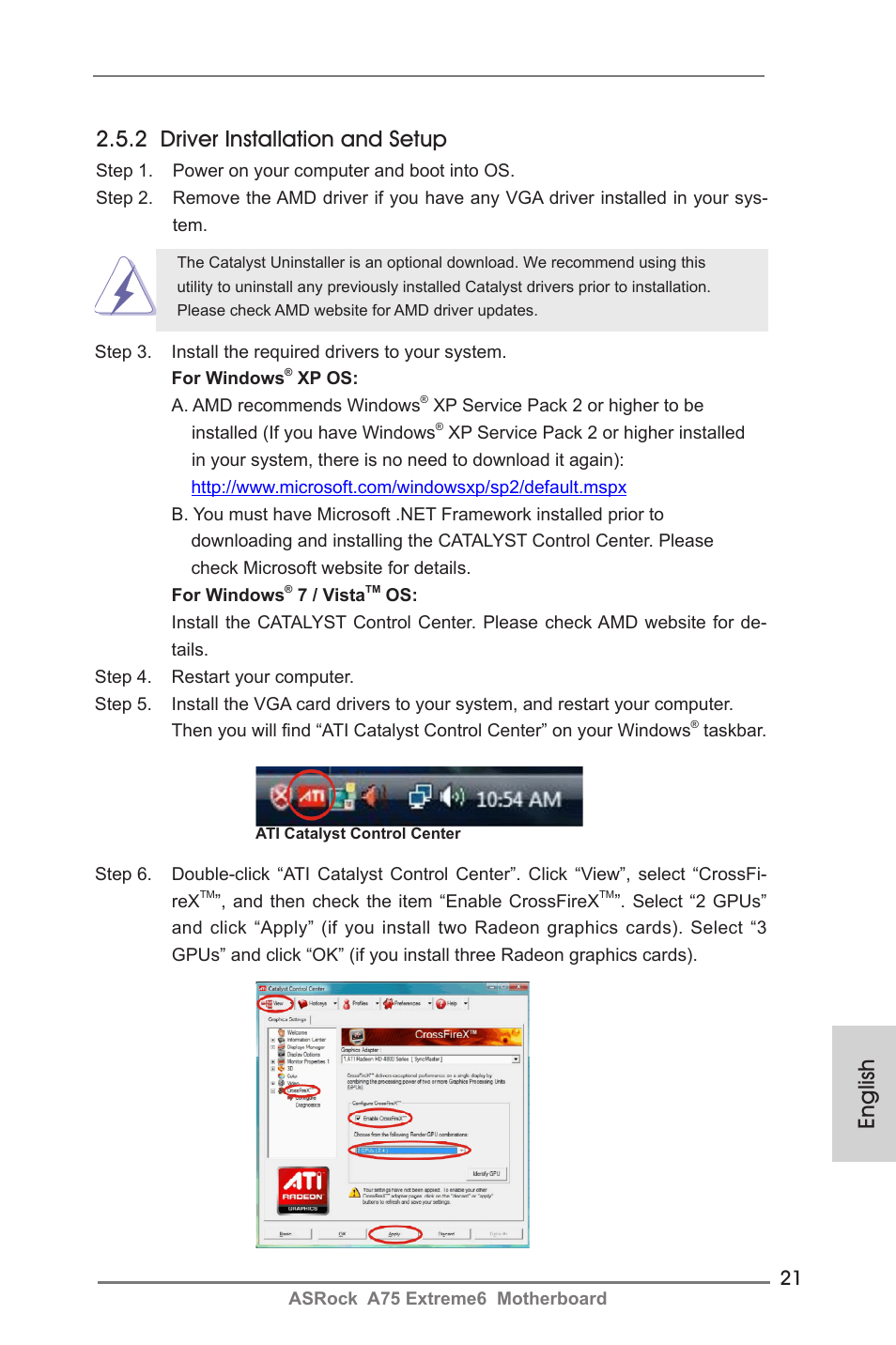 English, 2 driver installation and setup | ASRock A75 Extreme6 User Manual | Page 21 / 286