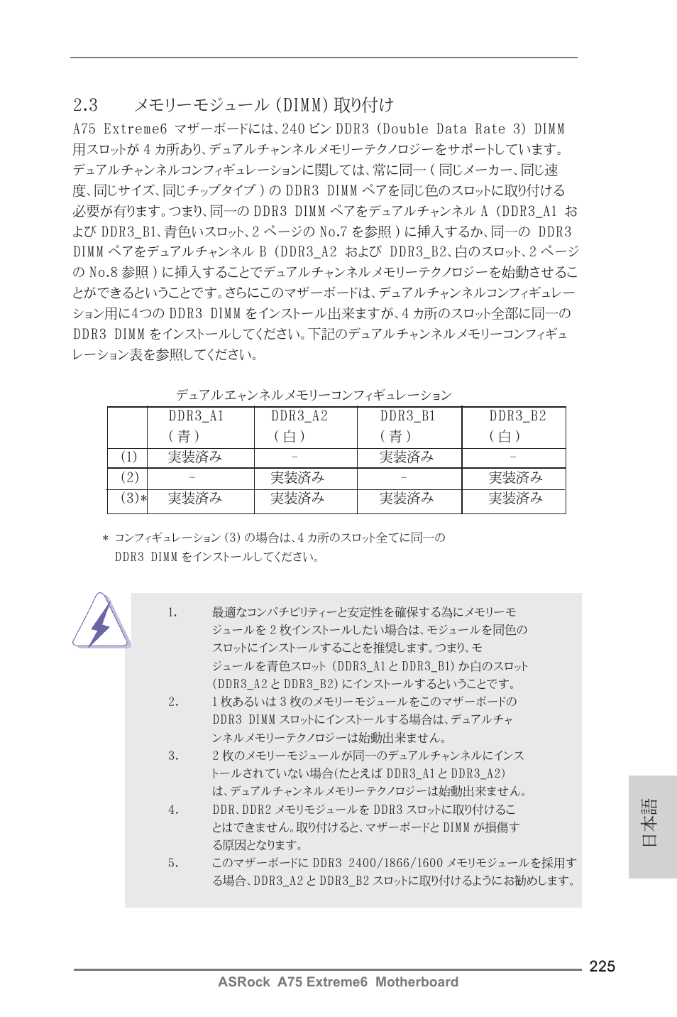 3 メモリーモジュール (dimm) 取り付け | ASRock A75 Extreme6 User Manual | Page 225 / 286