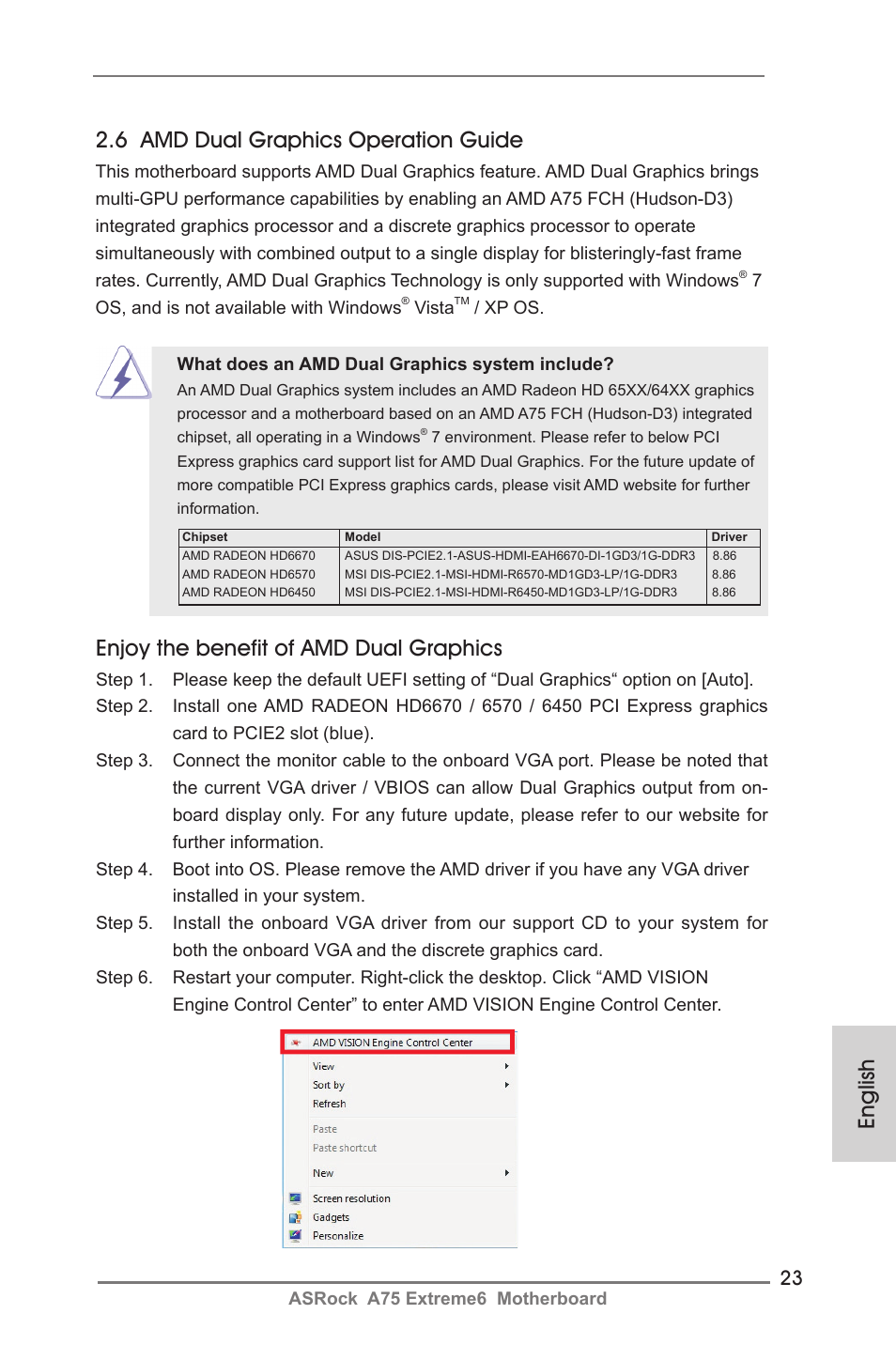 English 2.6 amd dual graphics operation guide, Enjoy the benefit of amd dual graphics | ASRock A75 Extreme6 User Manual | Page 23 / 286