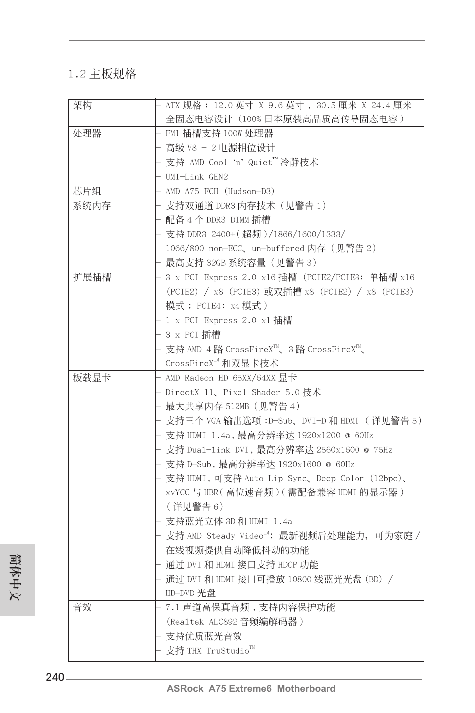 2 主板規格, 簡體中文 | ASRock A75 Extreme6 User Manual | Page 240 / 286