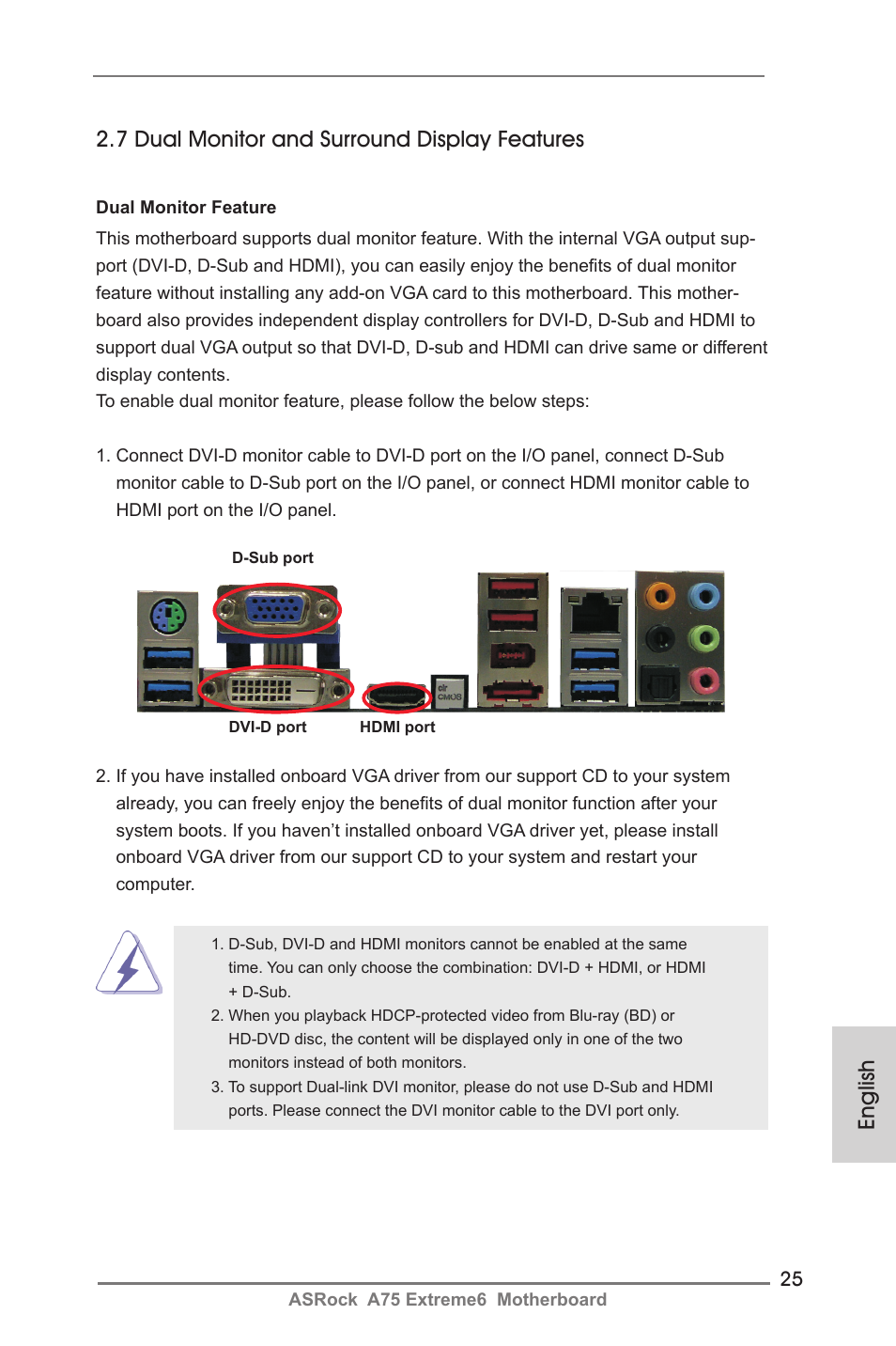 English, 7 dual monitor and surround display features | ASRock A75 Extreme6 User Manual | Page 25 / 286