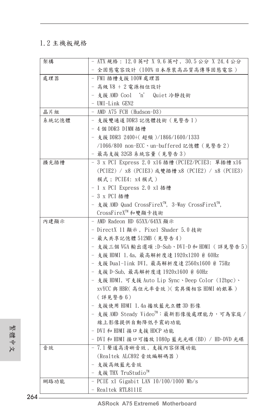 2 主機板規格, 繁體中文 | ASRock A75 Extreme6 User Manual | Page 264 / 286