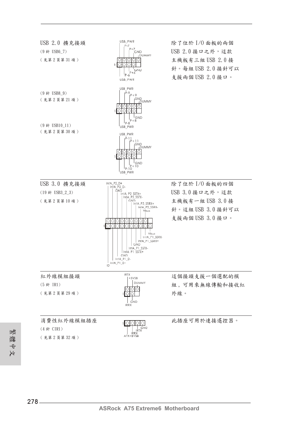 繁體中文, Usb 2.0 接口之外，這款, Usb 3.0 擴充接頭 除了位於 i/o 面板的四個 | Usb 3.0 接口之外，這款, 組 , 可用來無線傳輸和接收紅, 外線。 消費性紅外線模組插座 此插座可用於連接遙控器 | ASRock A75 Extreme6 User Manual | Page 278 / 286