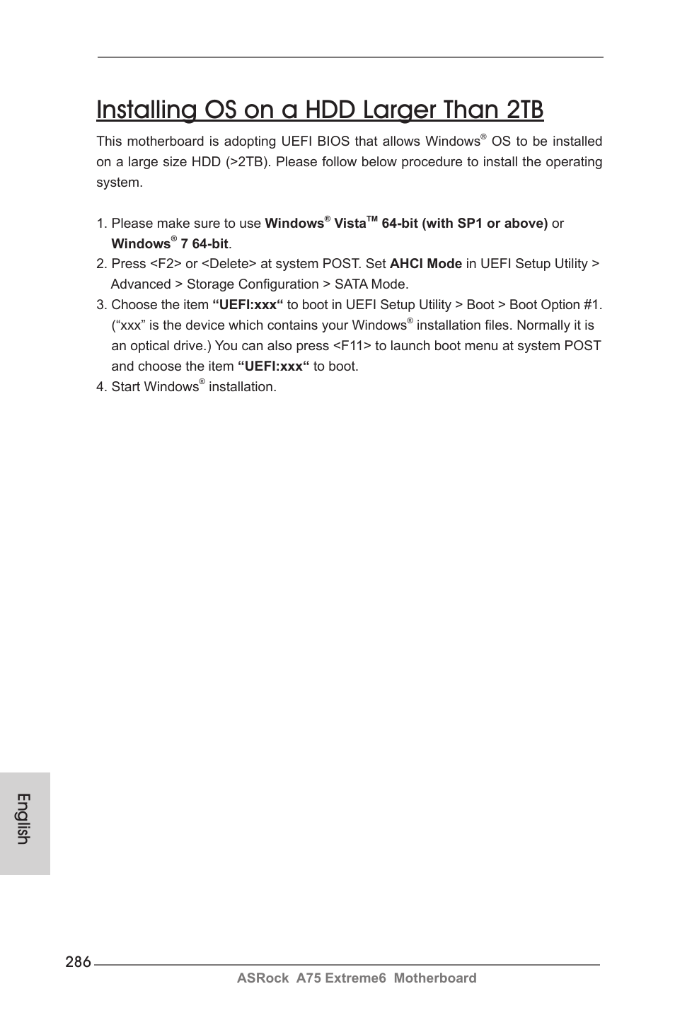 Installing os on a hdd larger than 2tb, English | ASRock A75 Extreme6 User Manual | Page 286 / 286