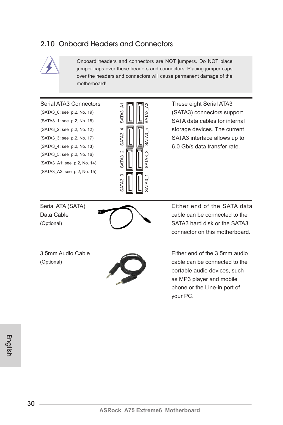 10 onboard headers and connectors, English | ASRock A75 Extreme6 User Manual | Page 30 / 286