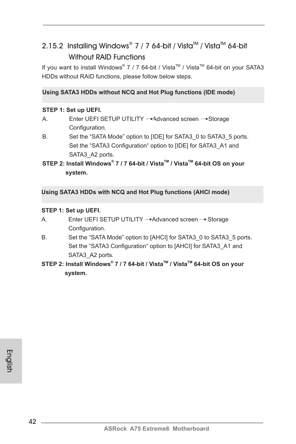 2 installing windows, 7 / 7 64-bit / vista, Vista | Bit without raid functions, English | ASRock A75 Extreme6 User Manual | Page 42 / 286