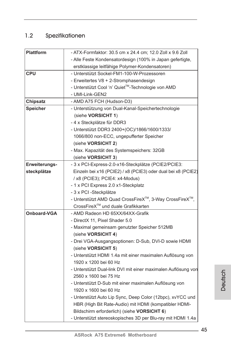 2 spezifikationen, Deutsch | ASRock A75 Extreme6 User Manual | Page 45 / 286