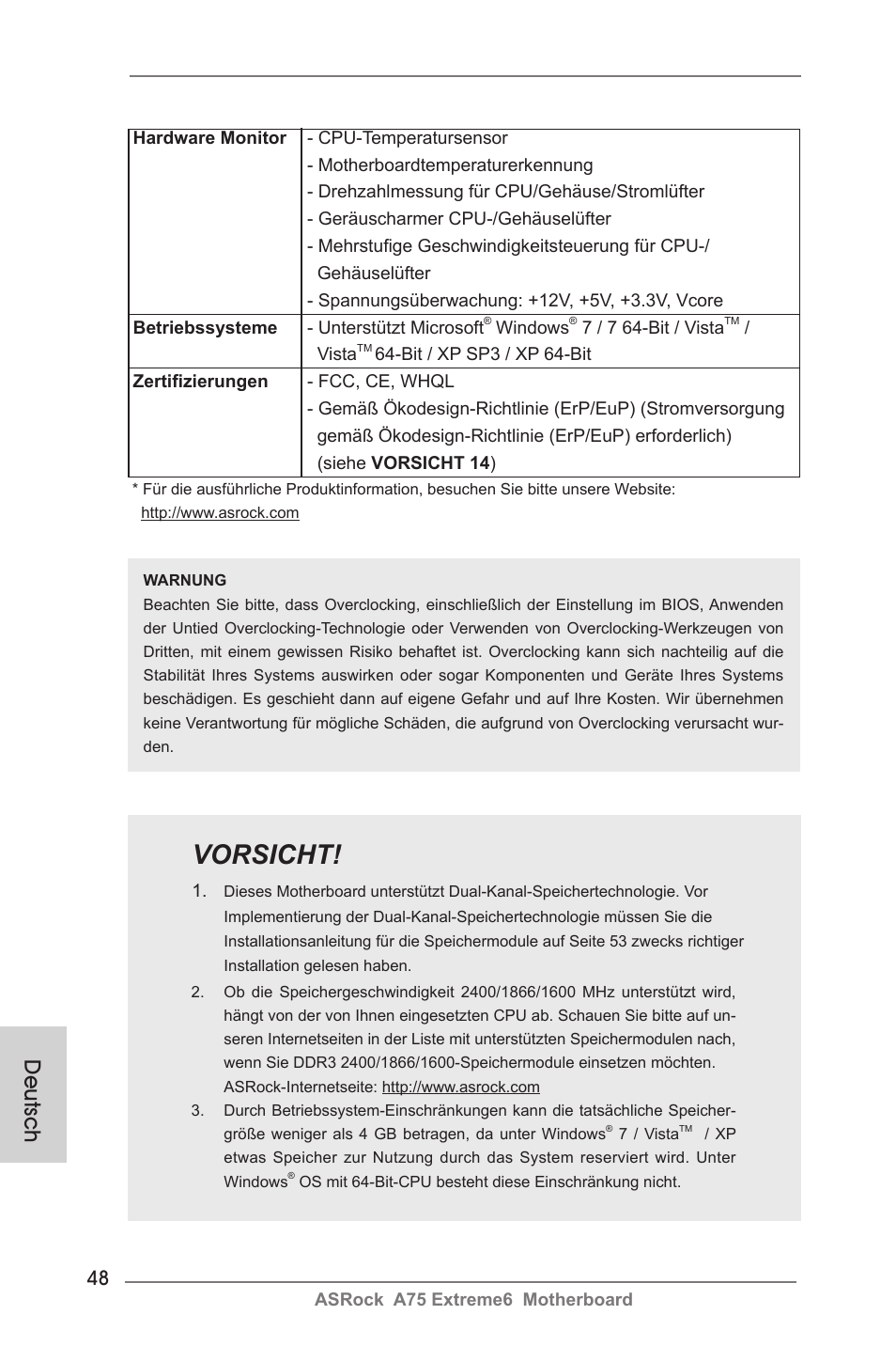 Vorsicht, Deutsch | ASRock A75 Extreme6 User Manual | Page 48 / 286