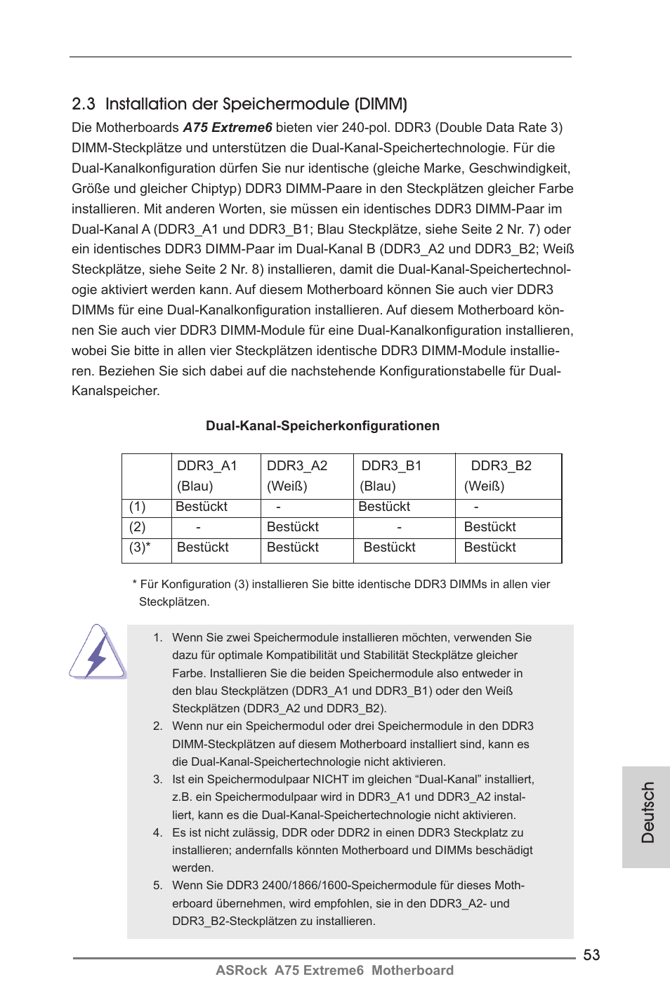 Deutsch 2.3 installation der speichermodule (dimm) | ASRock A75 Extreme6 User Manual | Page 53 / 286