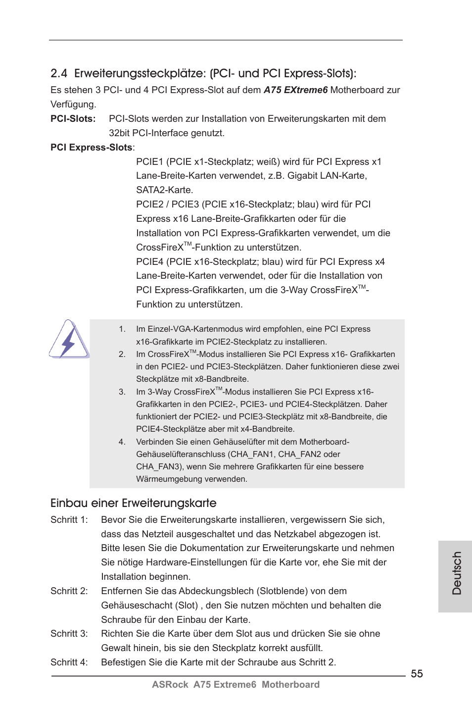 Einbau einer erweiterungskarte | ASRock A75 Extreme6 User Manual | Page 55 / 286