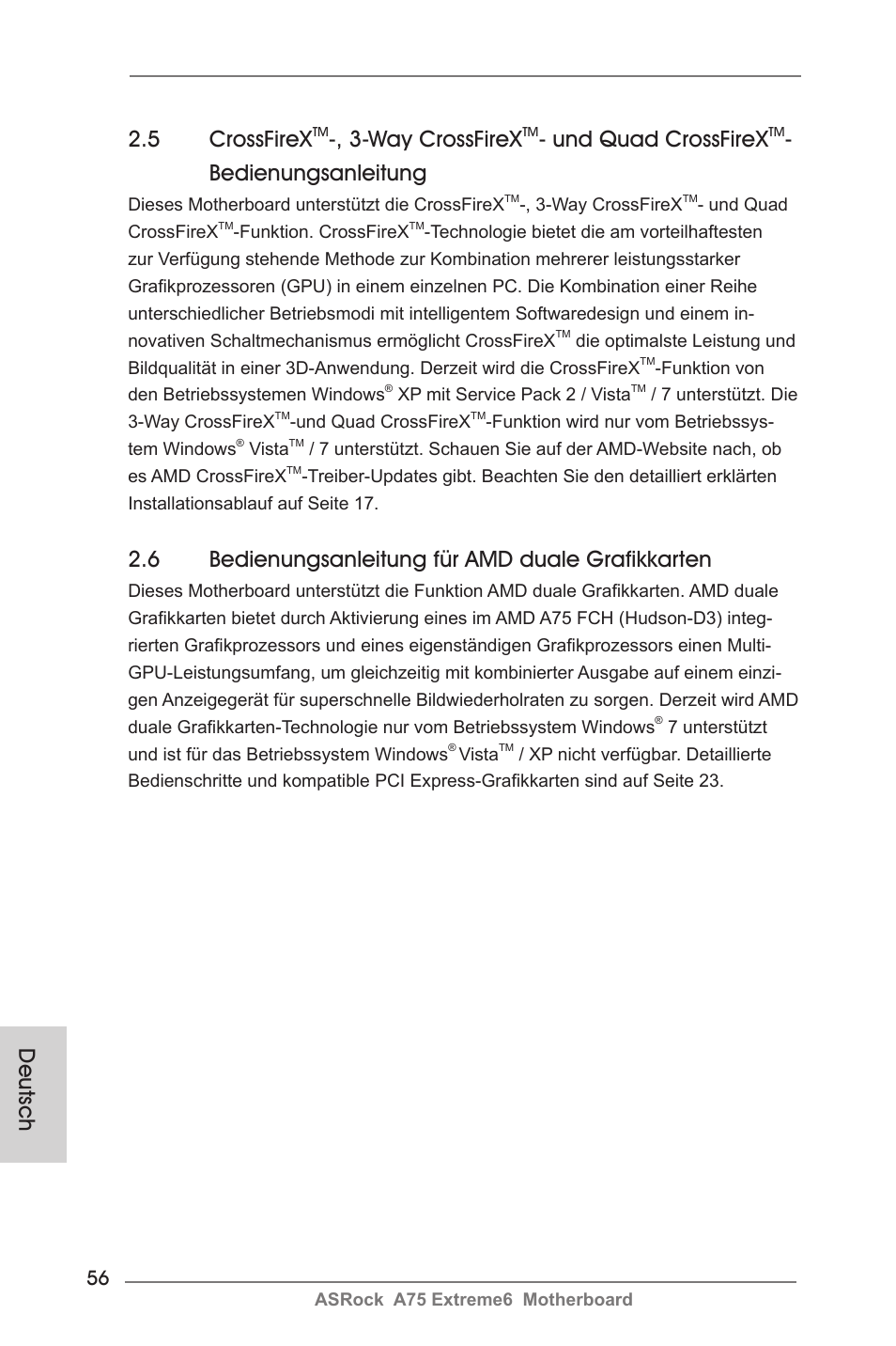 Deutsch 2.5 crossfirex, Way crossfirex, Und quad crossfirex | Bedienungsanleitung, 6 bedienungsanleitung für amd duale grafikkarten | ASRock A75 Extreme6 User Manual | Page 56 / 286