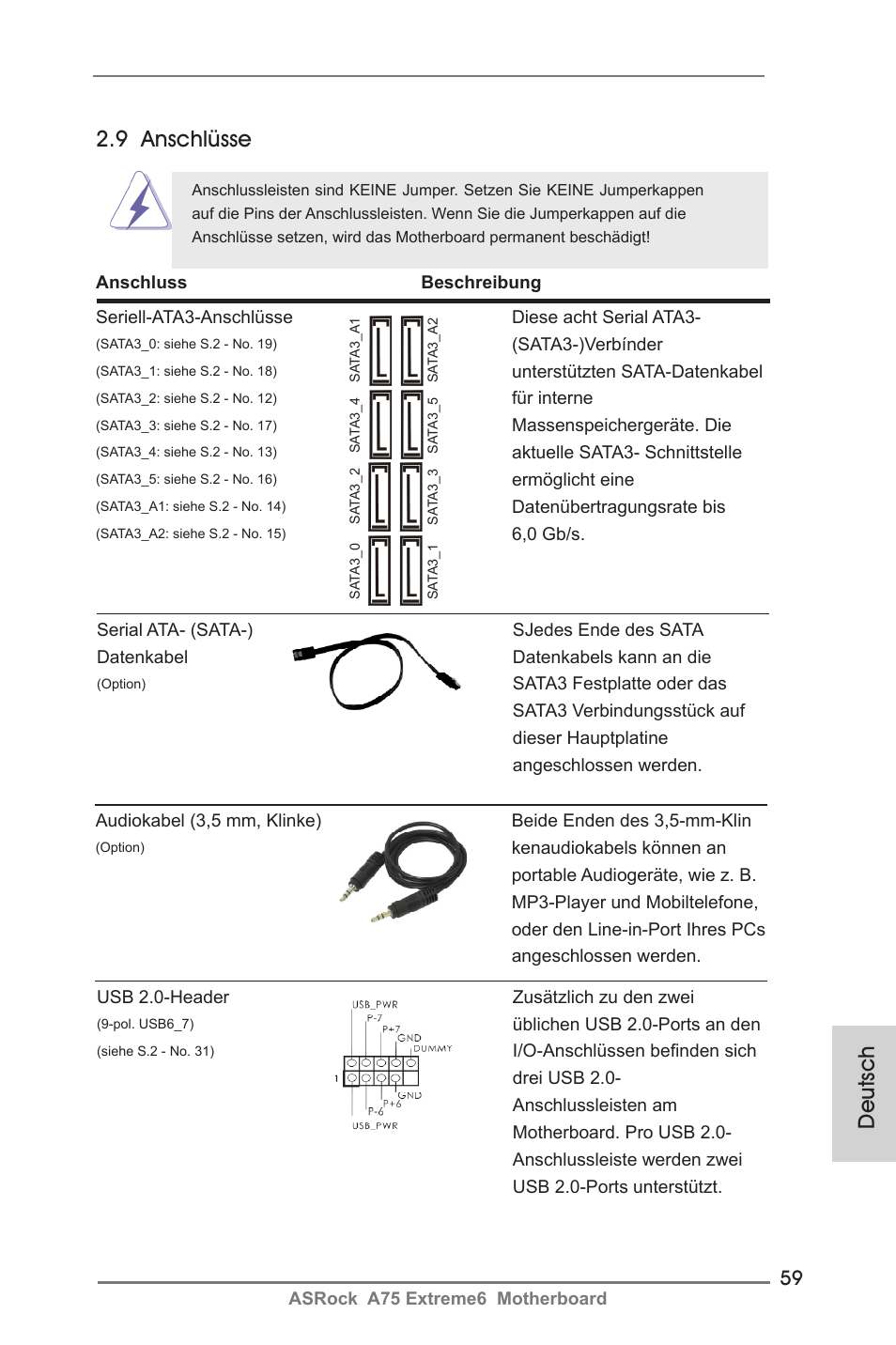 Deutsch, 9 anschlüsse | ASRock A75 Extreme6 User Manual | Page 59 / 286