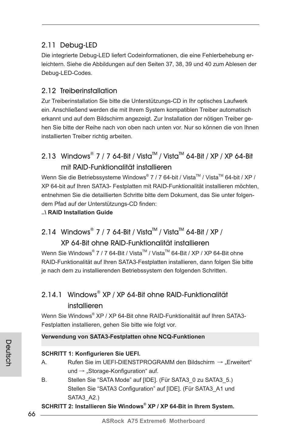 14 windows, 7 / 7 64-bit / vista, Vista | 12 treiberinstallation, 1 windows, 13 windows, 11 debug-led, Deutsch | ASRock A75 Extreme6 User Manual | Page 66 / 286