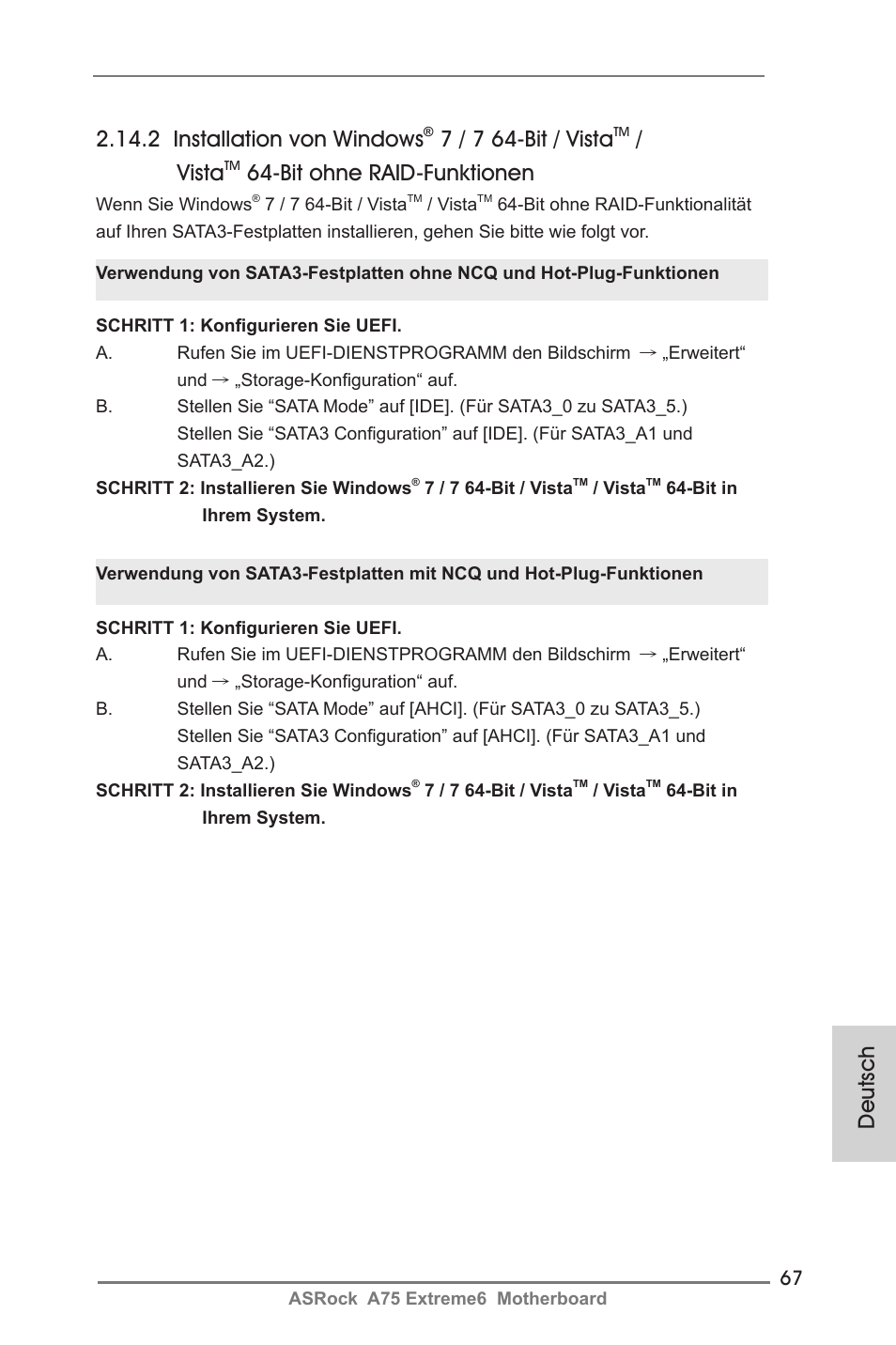 Deutsch, 2 installation von windows, 7 / 7 64-bit / vista | Vista, Bit ohne raid-funktionen | ASRock A75 Extreme6 User Manual | Page 67 / 286