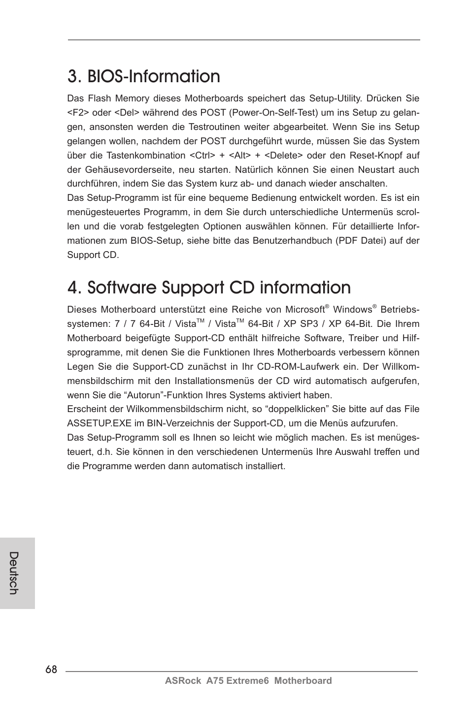 Bios-information, Software support cd information, Deutsch | ASRock A75 Extreme6 User Manual | Page 68 / 286