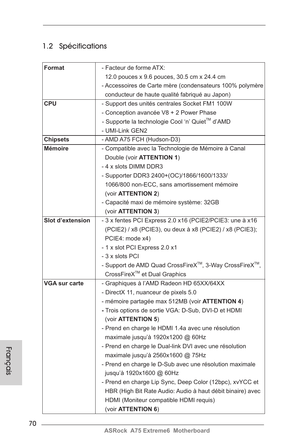 Français 1.2 spécifications | ASRock A75 Extreme6 User Manual | Page 70 / 286