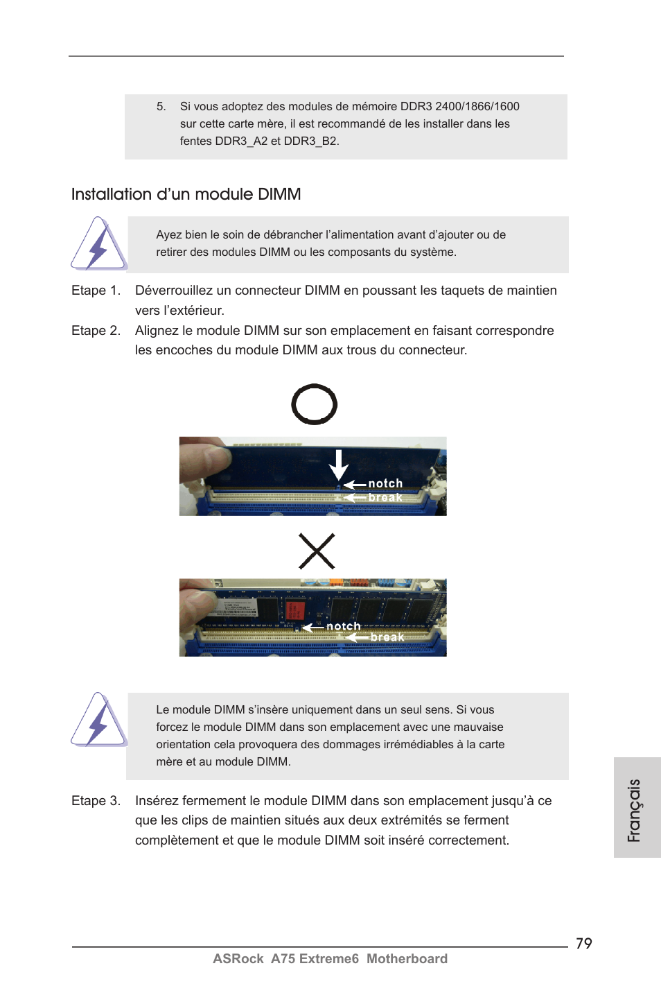 Français installation d’un module dimm | ASRock A75 Extreme6 User Manual | Page 79 / 286