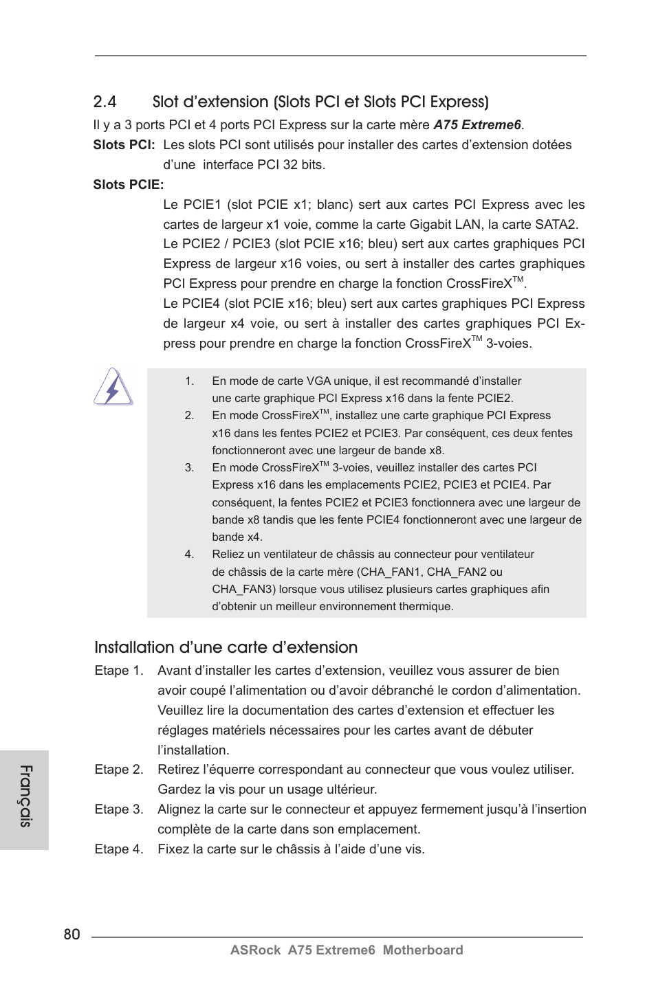 Installation d’une carte d’extension | ASRock A75 Extreme6 User Manual | Page 80 / 286