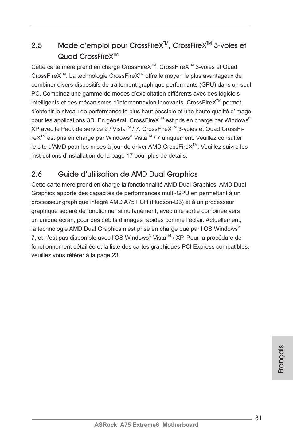 Français 2.5 mode d’emploi pour crossfirex, Crossfirex, Voies et quad crossfirex | 6 guide d’utilisation de amd dual graphics | ASRock A75 Extreme6 User Manual | Page 81 / 286