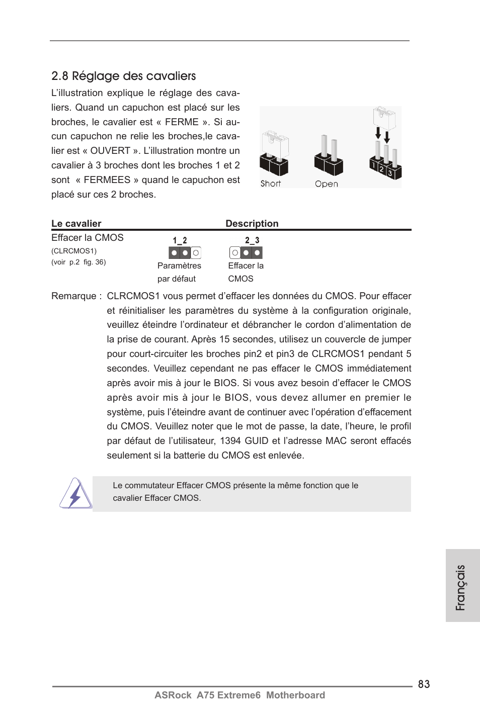 Français 2.8 réglage des cavaliers | ASRock A75 Extreme6 User Manual | Page 83 / 286