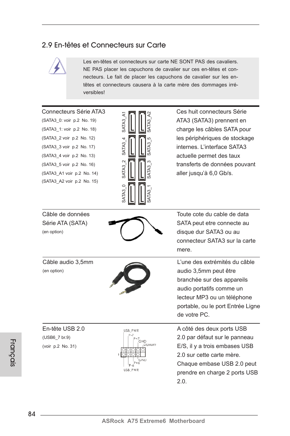 Français, 9 en-têtes et connecteurs sur carte | ASRock A75 Extreme6 User Manual | Page 84 / 286