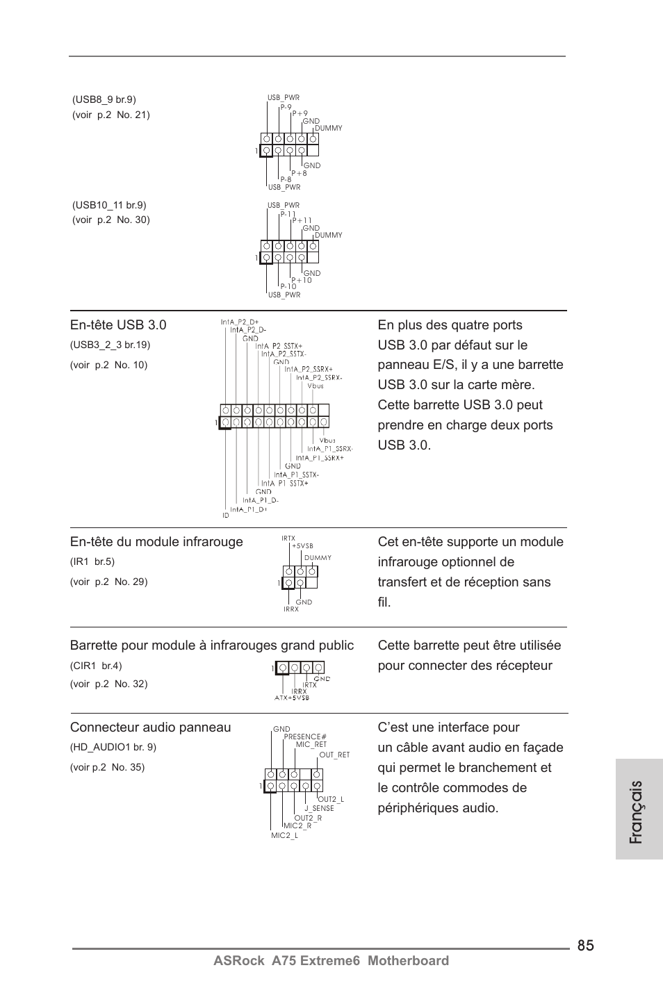 Français, Asrock a75 extreme6 motherboard, En-tête usb 3.0 en plus des quatre ports | Usb 3.0 par défaut sur le, Infrarouge optionnel de, Un câble avant audio en façade, Pour connecter des récepteur | ASRock A75 Extreme6 User Manual | Page 85 / 286