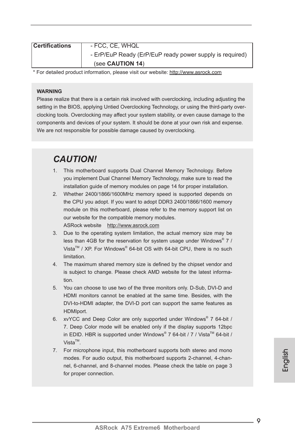 Caution, English | ASRock A75 Extreme6 User Manual | Page 9 / 286