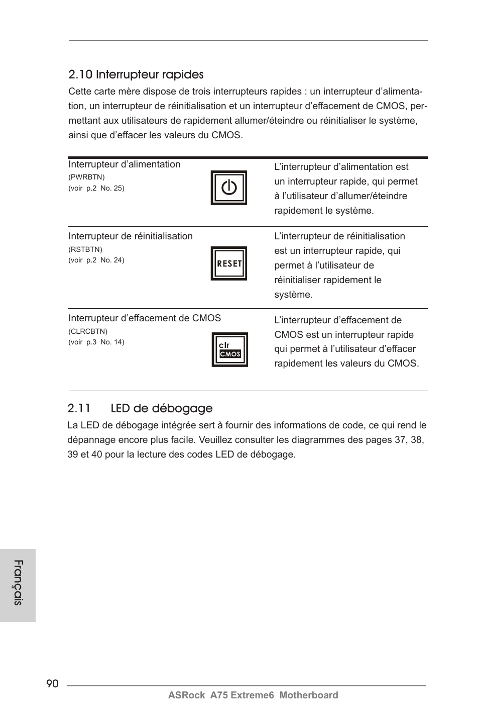 10 interrupteur rapides, 11 led de débogage, Français | ASRock A75 Extreme6 User Manual | Page 90 / 286