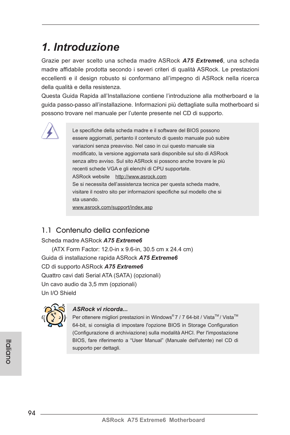 Italian, Introduzione, 1 contenuto della confezione | Italiano | ASRock A75 Extreme6 User Manual | Page 94 / 286