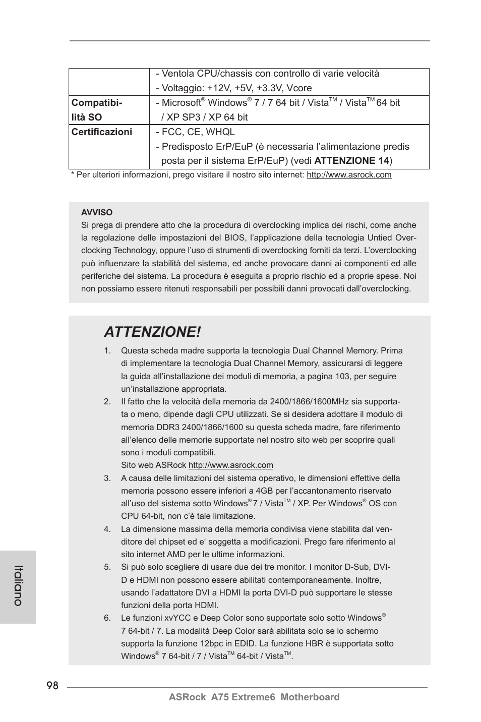 Attenzione, Italiano | ASRock A75 Extreme6 User Manual | Page 98 / 286