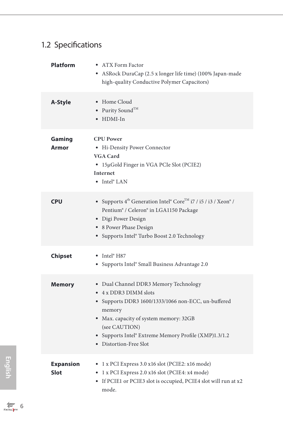 2 specifications, English | ASRock Fatal1ty H87 Performance User Manual | Page 10 / 165