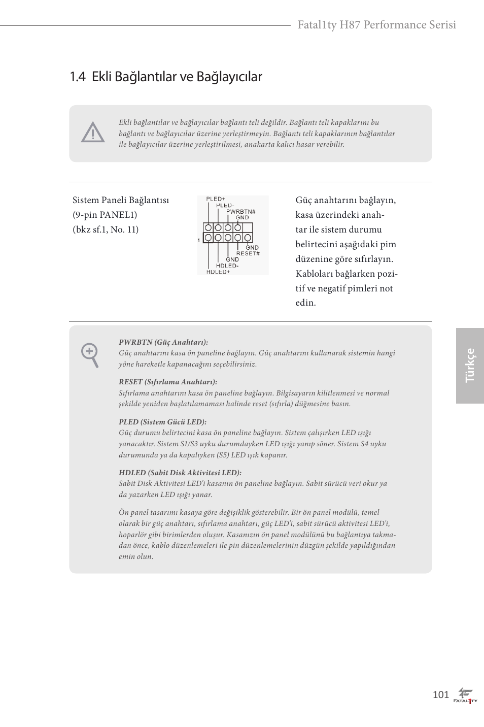 4 ekli bağlantılar ve bağlayıcılar, Türk çe fatal1ty h87 performance serisi | ASRock Fatal1ty H87 Performance User Manual | Page 105 / 165