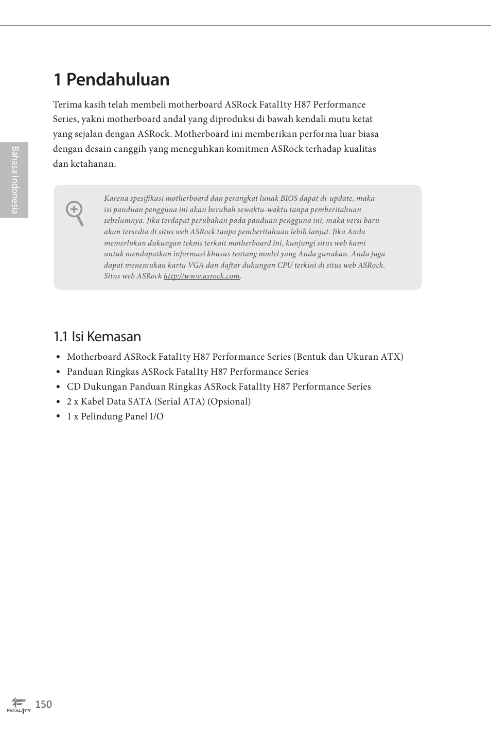 Indonesian, 1 pendahuluan, 1 isi kemasan | ASRock Fatal1ty H87 Performance User Manual | Page 154 / 165