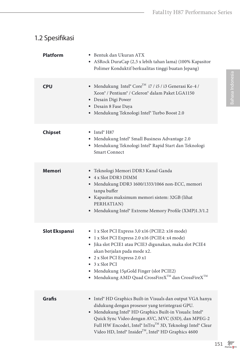 2 spesifikasi, Fatal1ty h87 performance series | ASRock Fatal1ty H87 Performance User Manual | Page 155 / 165