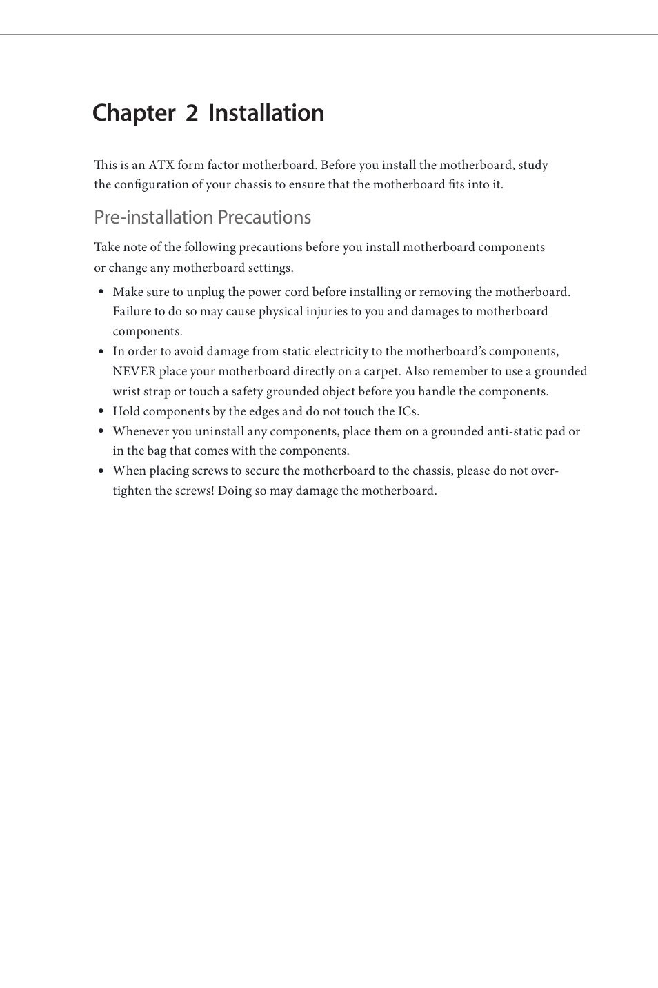 Chapter 2 installation, Pre-installation precautions | ASRock Fatal1ty H87 Performance User Manual | Page 18 / 165