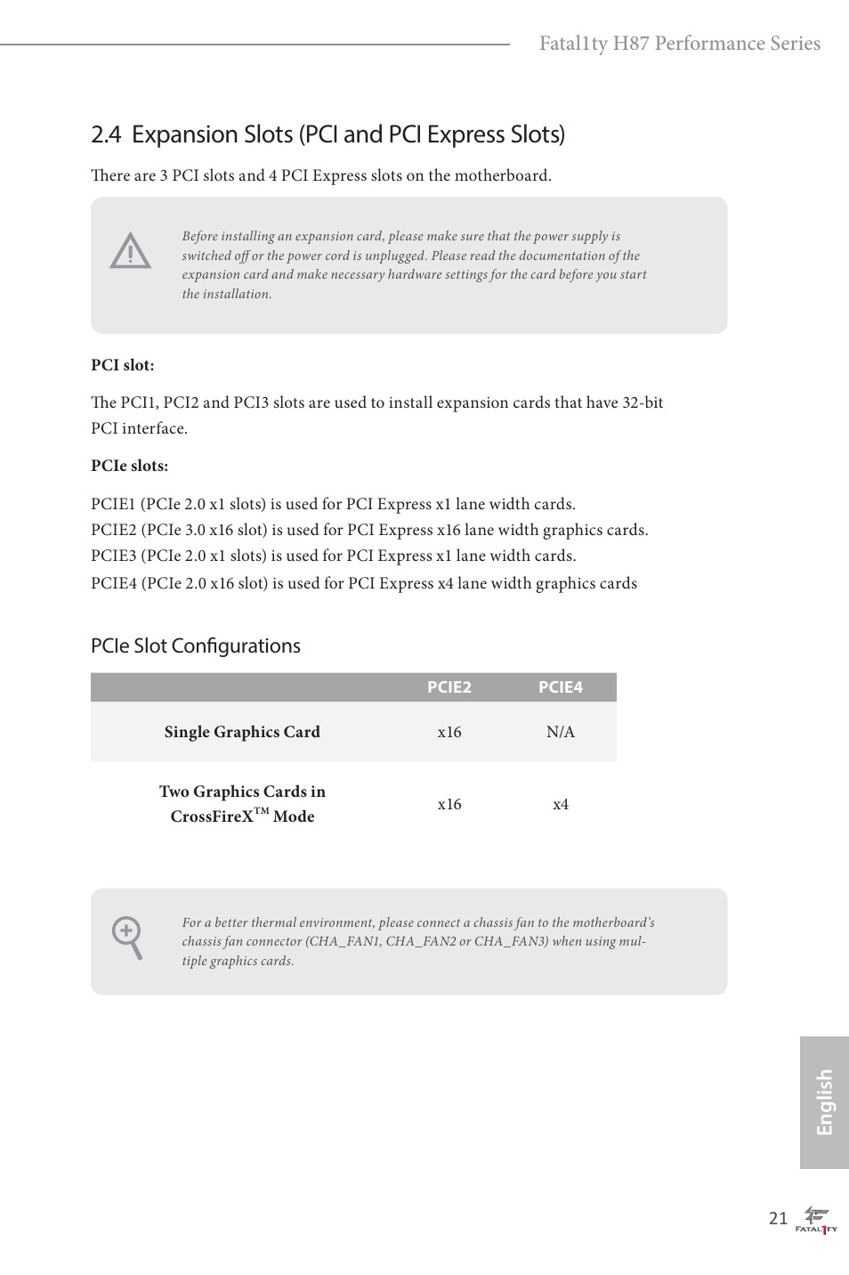 4 expansion slots (pci and pci express slots), Fatal1ty h87 performance series, English | Pcie slot configurations | ASRock Fatal1ty H87 Performance User Manual | Page 25 / 165
