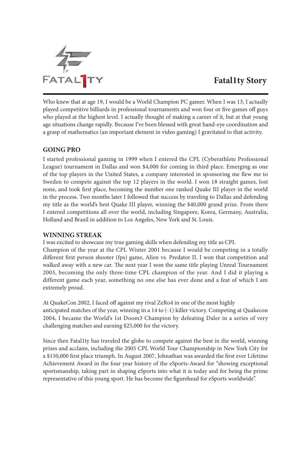 Fatal1ty story | ASRock Fatal1ty H87 Performance User Manual | Page 3 / 165