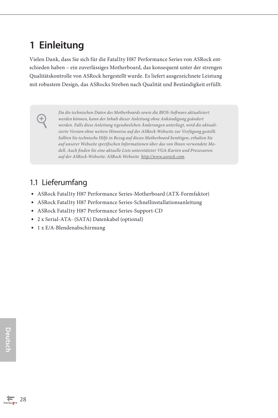 German, 1 einleitung, 1 lieferumfang | ASRock Fatal1ty H87 Performance User Manual | Page 32 / 165