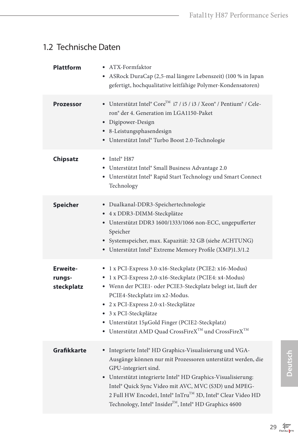 2 technische daten, Deutsch fatal1ty h87 performance series | ASRock Fatal1ty H87 Performance User Manual | Page 33 / 165