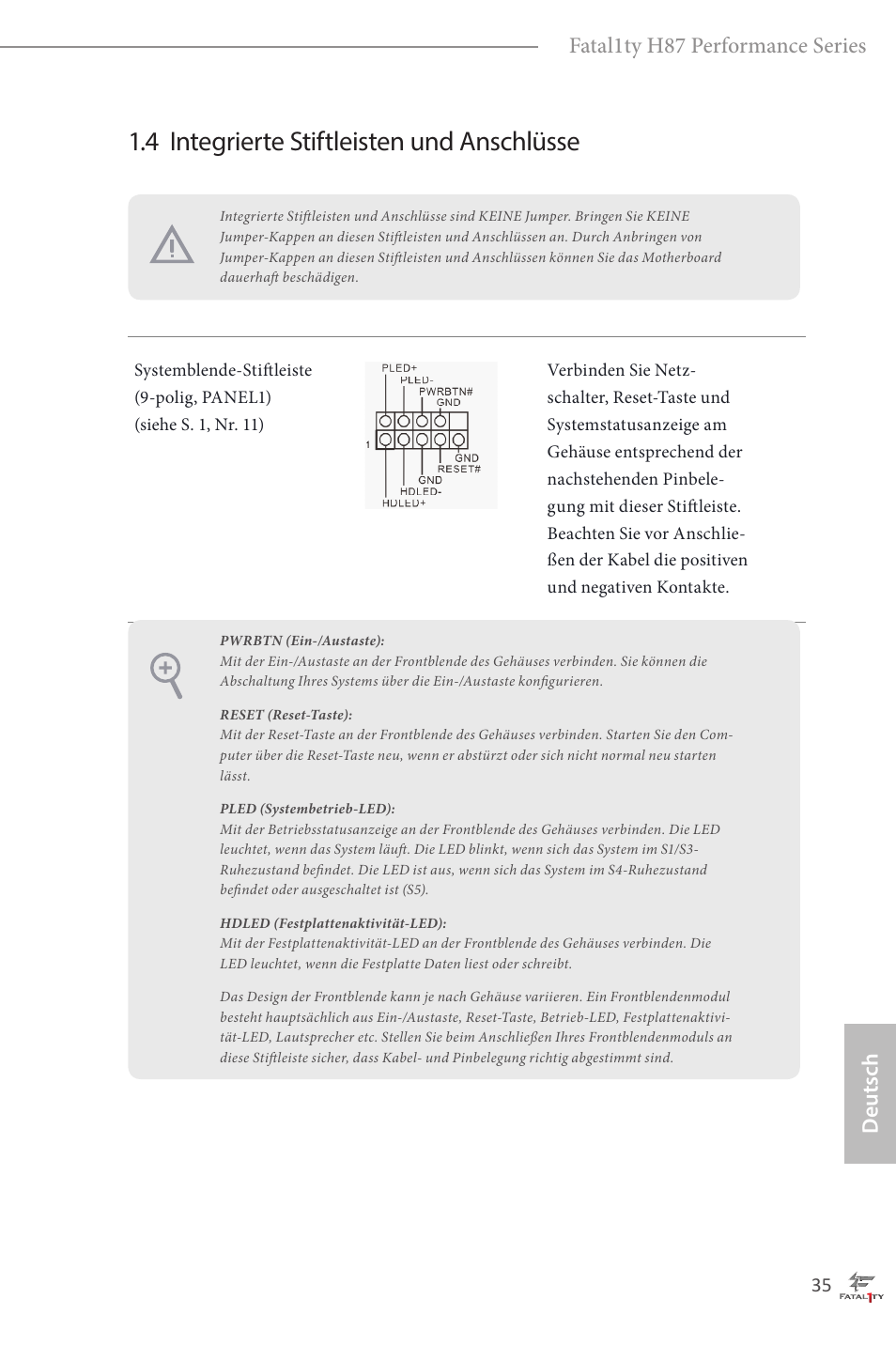 4 integrierte stiftleisten und anschlüsse, Deutsch fatal1ty h87 performance series | ASRock Fatal1ty H87 Performance User Manual | Page 39 / 165