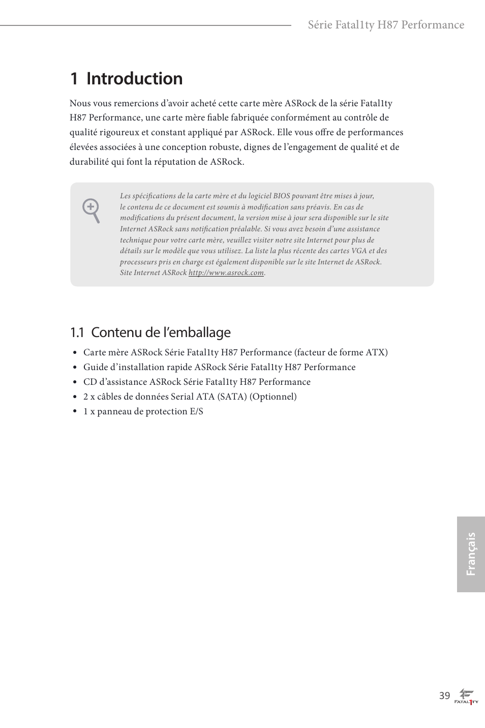 French, 1 introduction, 1 contenu de l’emballage | ASRock Fatal1ty H87 Performance User Manual | Page 43 / 165