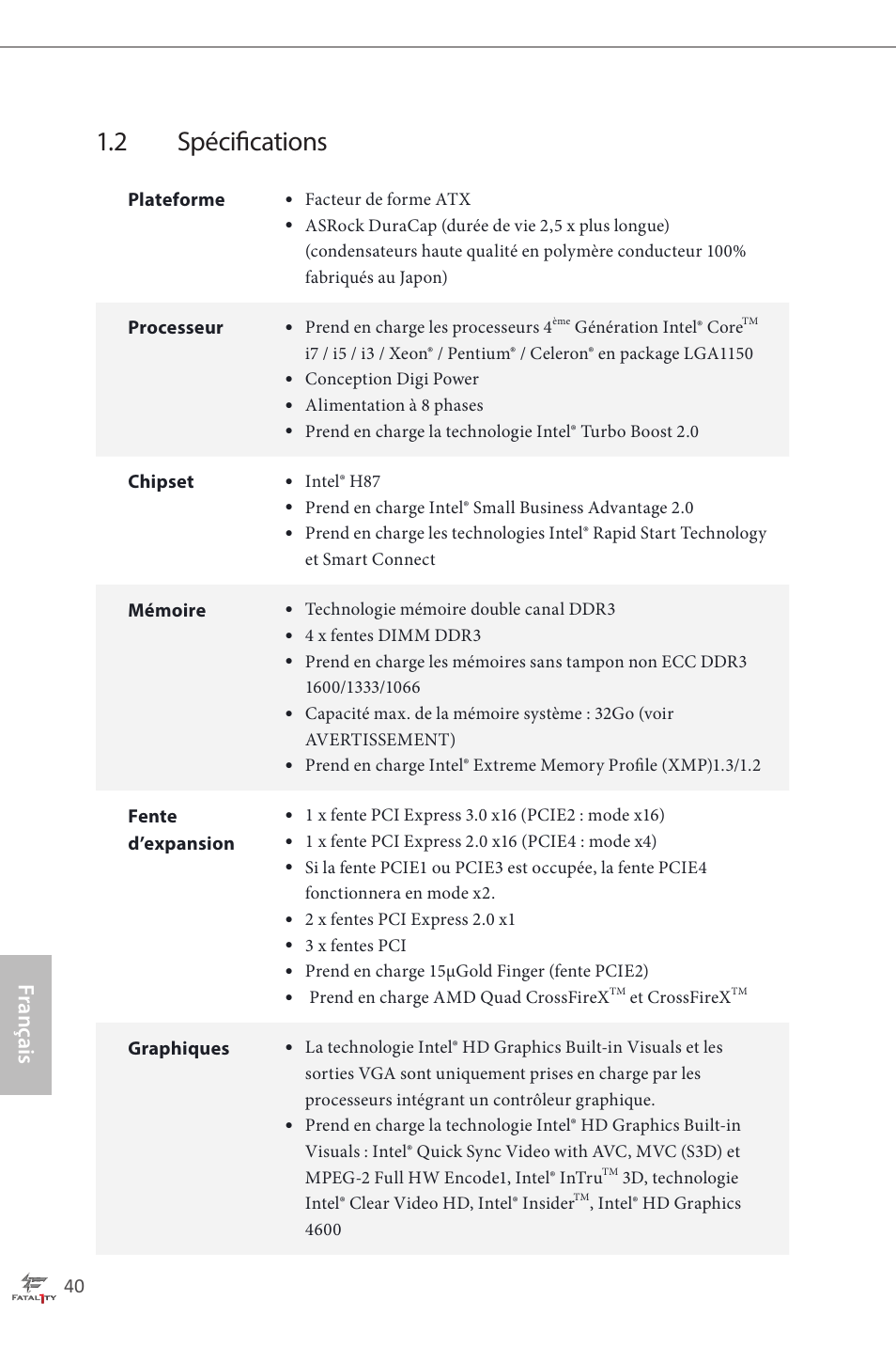 2 spécifications, Français | ASRock Fatal1ty H87 Performance User Manual | Page 44 / 165