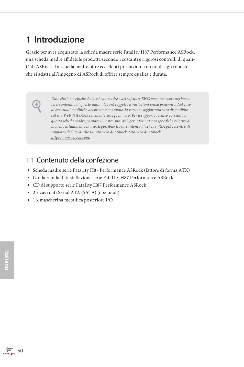 Italian, 1 introduzione, 1 contenuto della confezione | ASRock Fatal1ty H87 Performance User Manual | Page 54 / 165