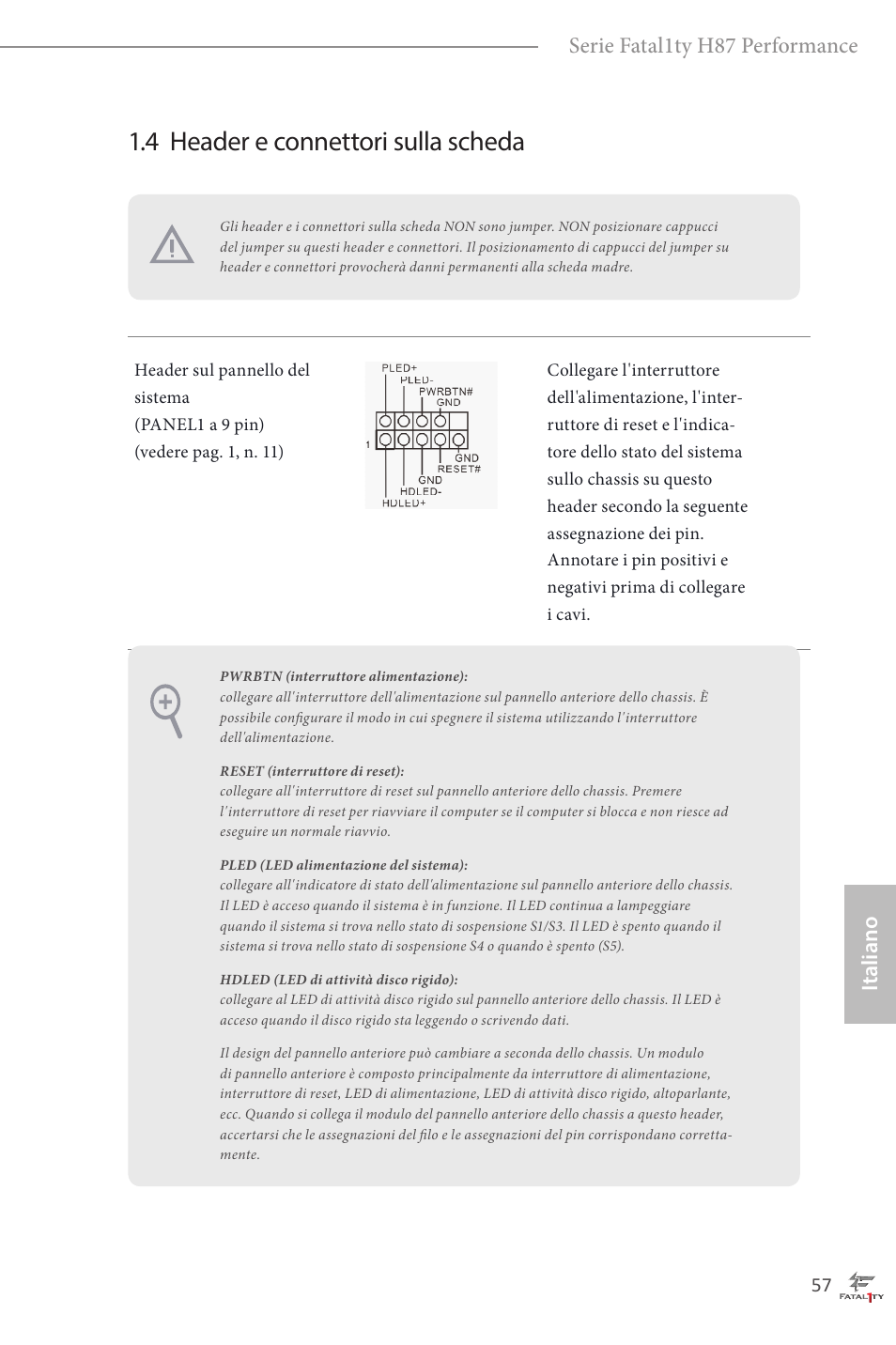 4 header e connettori sulla scheda, Italiano serie fatal1ty h87 performance | ASRock Fatal1ty H87 Performance User Manual | Page 61 / 165