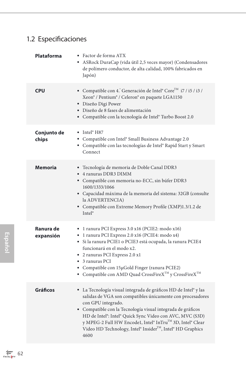 2 especificaciones, Español | ASRock Fatal1ty H87 Performance User Manual | Page 66 / 165