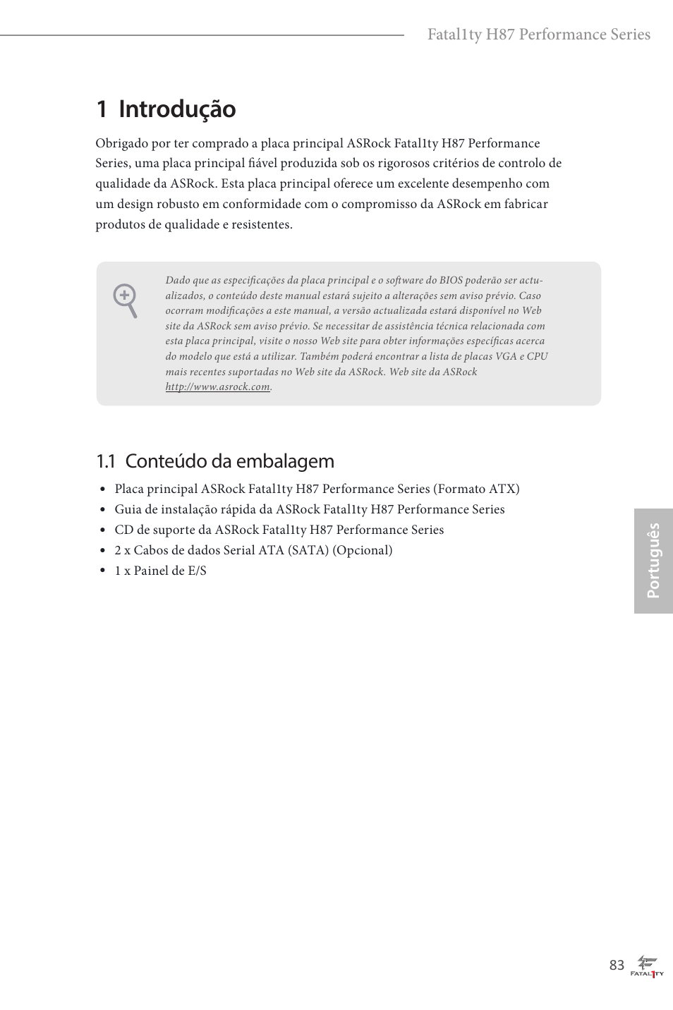 Portuguese, 1 introdução, 1 conteúdo da embalagem | ASRock Fatal1ty H87 Performance User Manual | Page 87 / 165