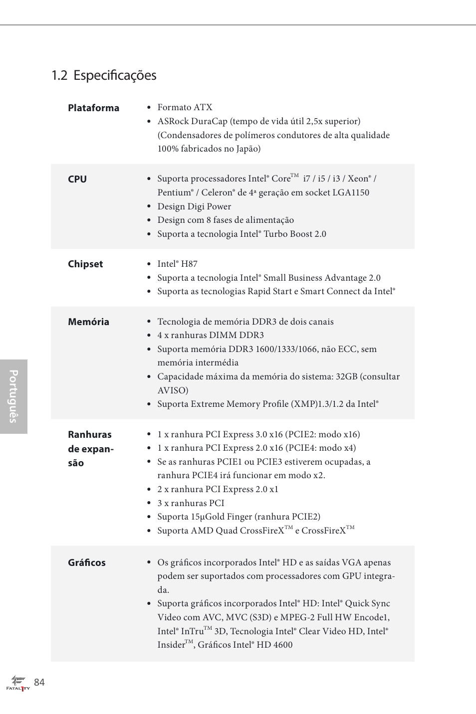 2 especificações, Por tuguês | ASRock Fatal1ty H87 Performance User Manual | Page 88 / 165